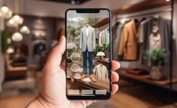 En person håller i en smartphone med en applikation öppen som visar en virtuell provrumsupplevelse. På skärmen syns en digital visualisering av en skyltdocka klädd i en ljus kavaj, blå byxor och bruna skor. 