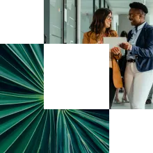 Cornerstone images showing close up of a palm leaf and two AI consultants talking Cornerstone images showing close up of a palm leaf and two AI consultants talking