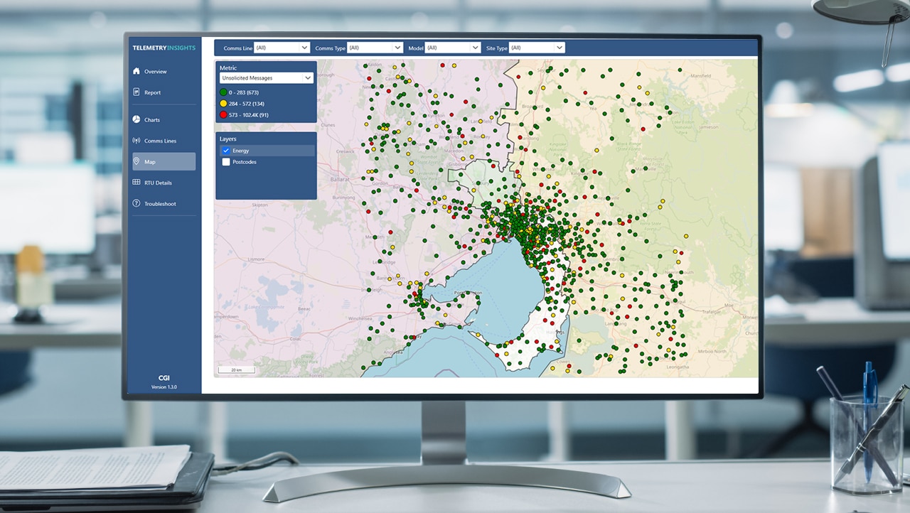 CGI Telemetry Insights map Screenshot of colour coded markers displaying problem areas by geographic region on CGI Telemetry Insights